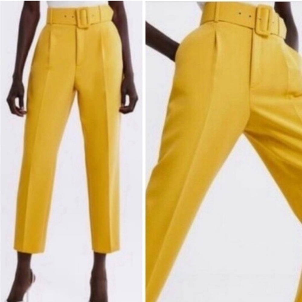 Yellow High-Waisted Belted Pants